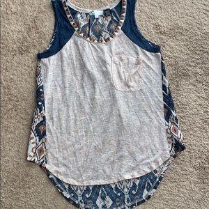 Miss Me women's top, light weight, no sleeves, size S tan and blue
